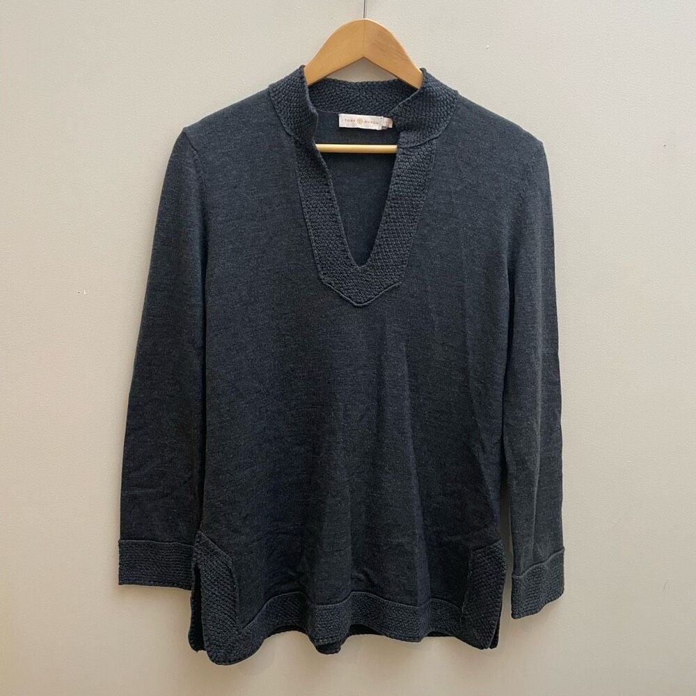 Tory Burch Lizzie Wool Tunic Sweater Womens L Gray Merino